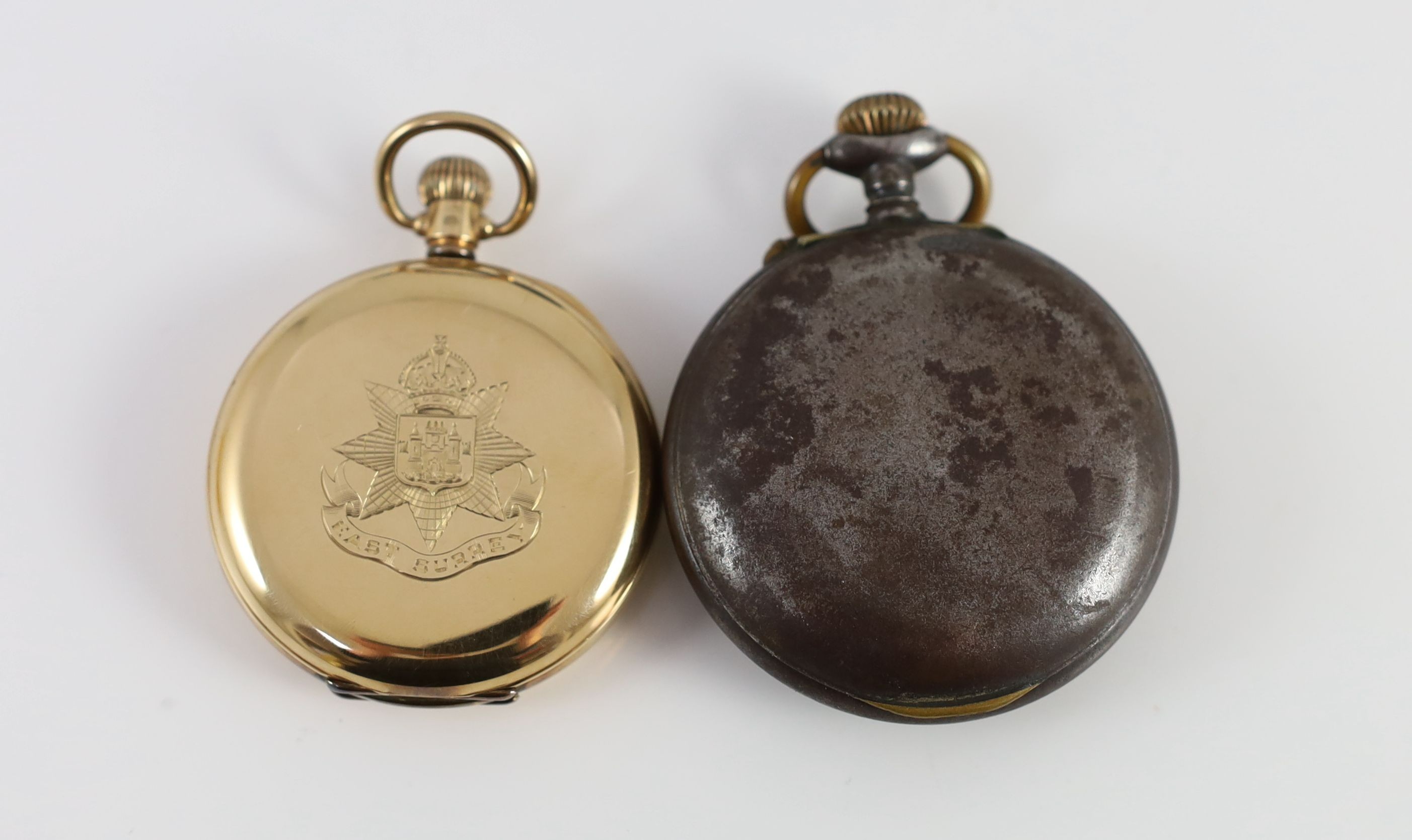 WWI interest: W G Wright, East Surrey Regiment 9ct gold presentation open faced keyless lever pocket watch, hallmarked for Birmingham, 1915, with Roman dial 1914-5 star, various shooting medals and a German soldier's ala